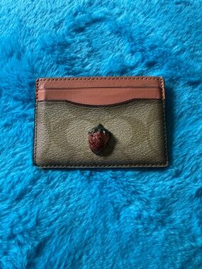 Coach Brown and Pink Signature Card Holder with Strawberry Accent